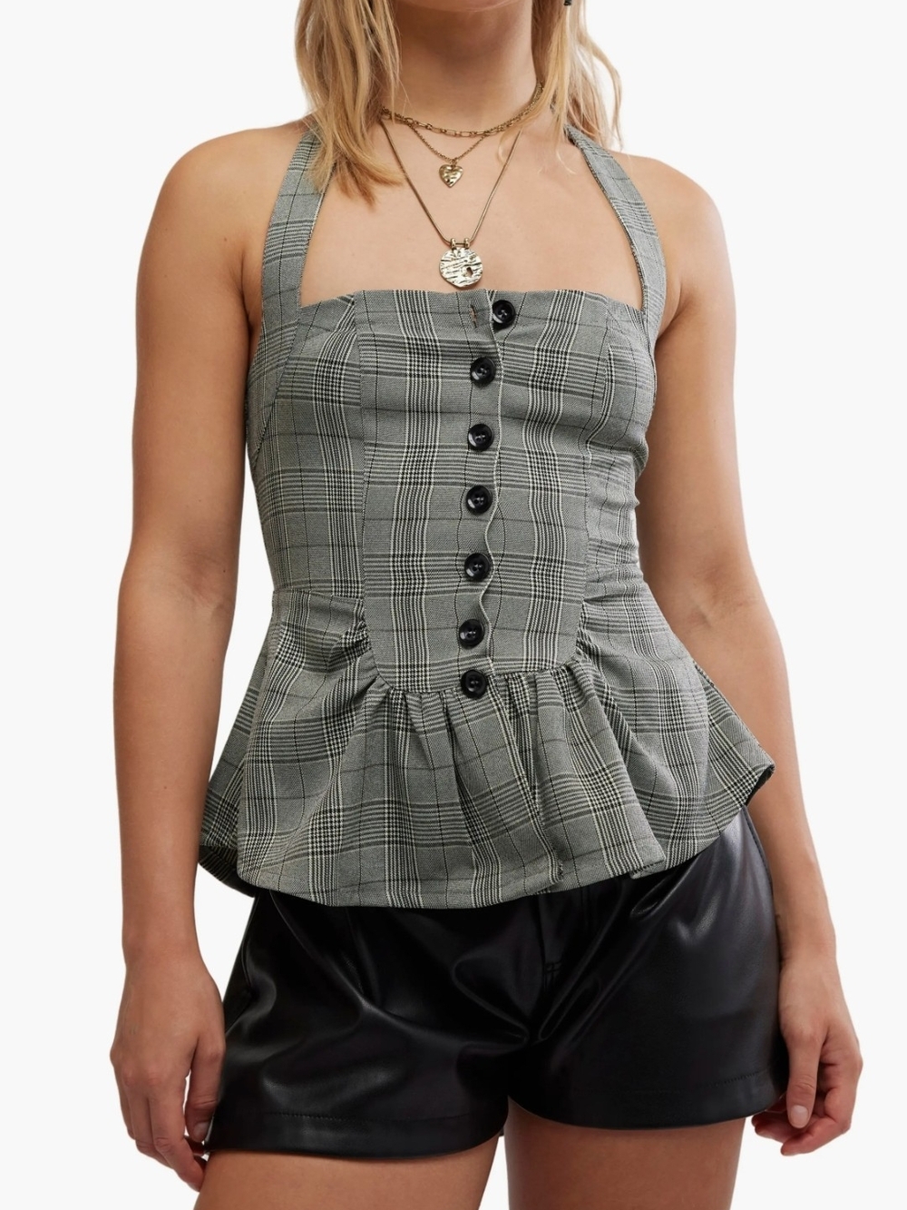 Free People Anastasia Plaid Peplum Halter Top Size M